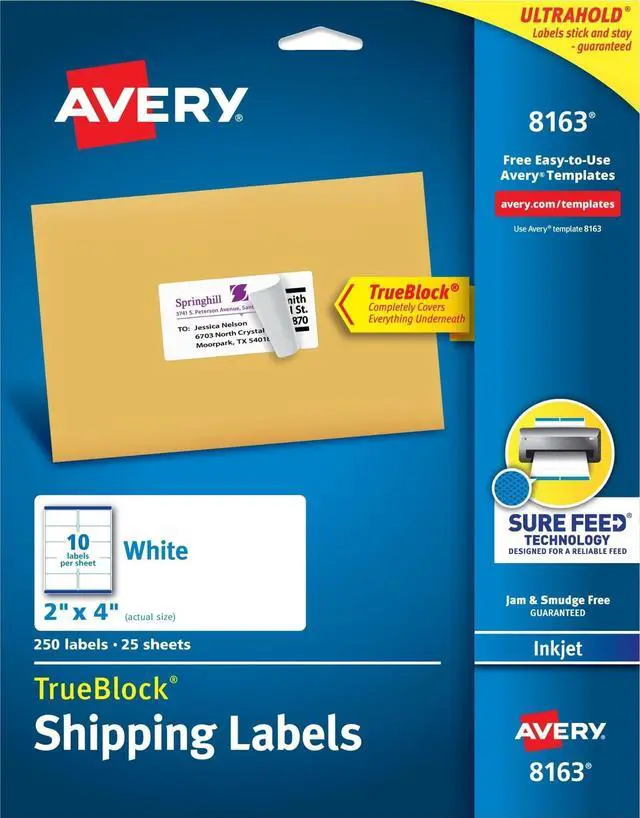 Main image of Printable Shipping Labels with Sure Feed, 2" x 4" Customizable Stickers, White, 250 Blank Mailing Labels, Great for Mailing, Shipping, and More (8163)