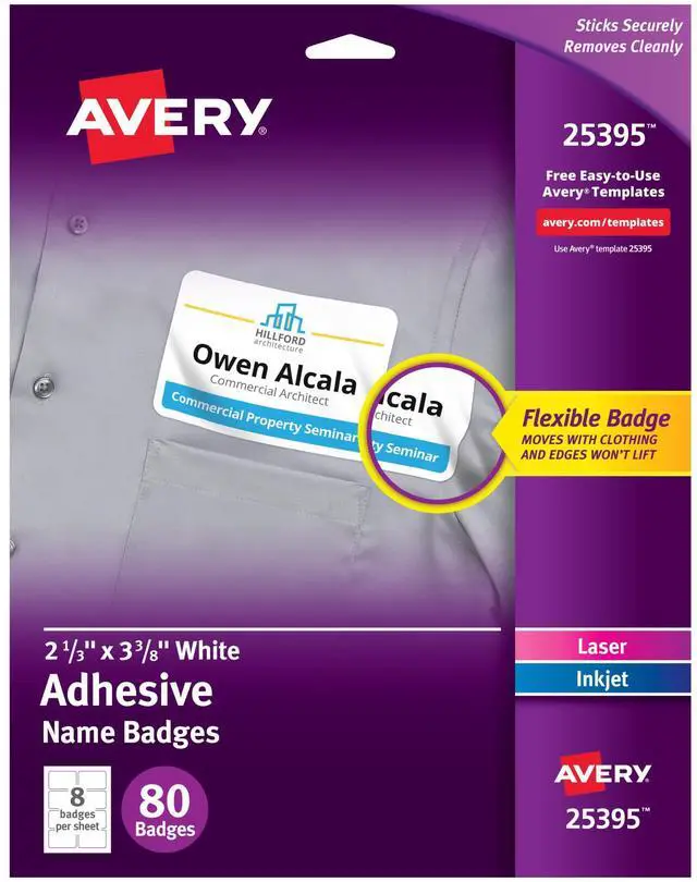 Main image of Flexible Printable Name Tag Stickers, 2-1/3" x 3-3/8", Matte White, Removable Adhesive, Laser & Inkjet Compatible, 80 Name Badges Total, Great for Networking, Events, and More (25395)