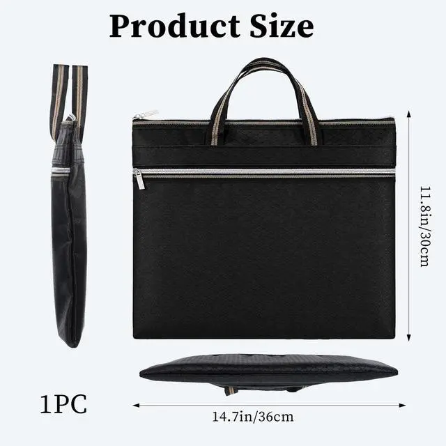 Alt view image 2 of 7 - Large Zipper Pouch with Handle, 14.2x11.8 Inch Black Zippered Document Bag for Office Travel and Storage, Waterproof File Organizer for Papers, Portable A4 Size Folder