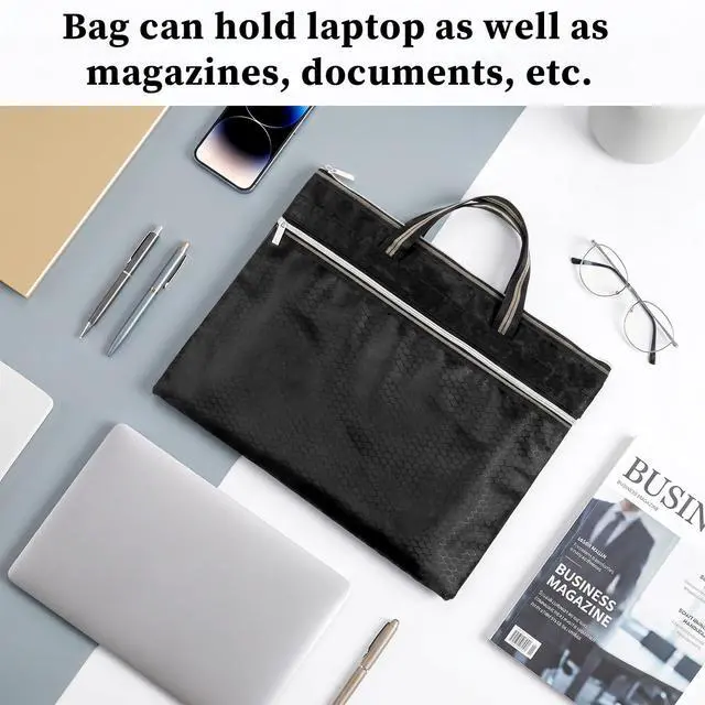 Alt view image 4 of 7 - Large Zipper Pouch with Handle, 14.2x11.8 Inch Black Zippered Document Bag for Office Travel and Storage, Waterproof File Organizer for Papers, Portable A4 Size Folder