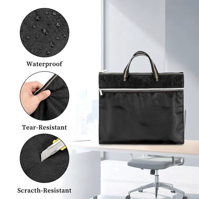 Alt view image 3 of 7 - Large Zipper Pouch with Handle, 14.2x11.8 Inch Black Zippered Document Bag for Office Travel and Storage, Waterproof File Organizer for Papers, Portable A4 Size Folder