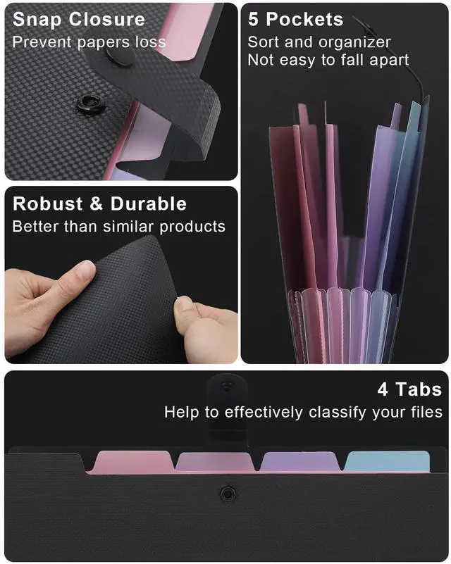 Alt view image 4 of 7 - Expanding File Folder, 5 Pocket Cute Folders with Labels Letter Size Accordion File Organizer Portable Expandable File Folder For Documents Aesthetic Paper Organizer Folder for School Office