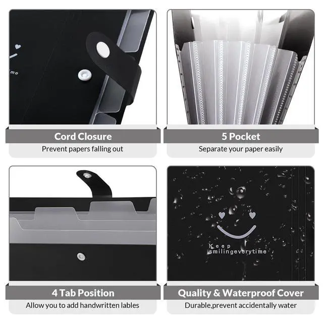 Alt view image 4 of 7 - File Folder with 8 Labels, 5 Pockets Accordion Paper Organizer for School and OfficeA4 Letter SizeBlack