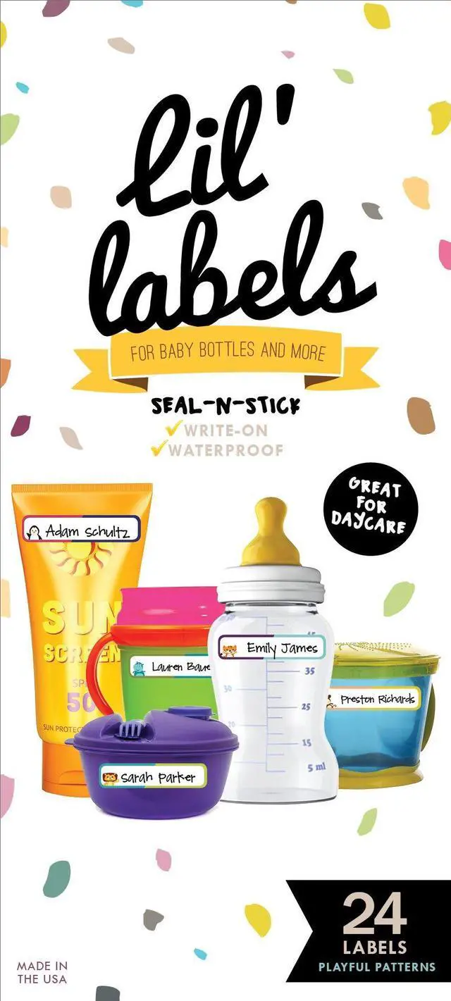 Main image of Bottle and Food Labels, Write-On, Freezer Safe, Self-Laminating, Waterproof Kids Name Labels for Baby Bottles, Sippy Cup for Daycare School, Dishwasher Safe (Playful Patterns)