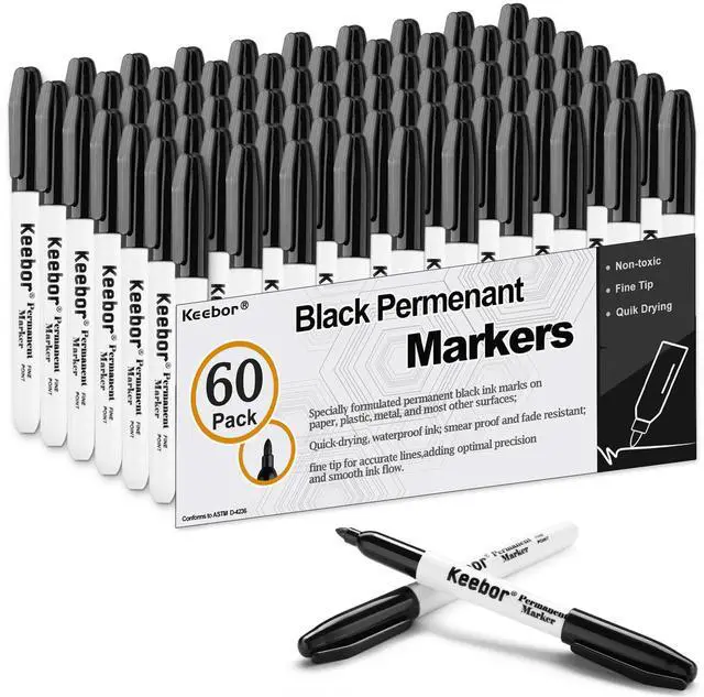 Main image of Permanent Markers Bulk, 60 Pack, Quick Drying & Fade Resistant | Fine Point Marker Set for Wood, Plastic, Paper, Metal