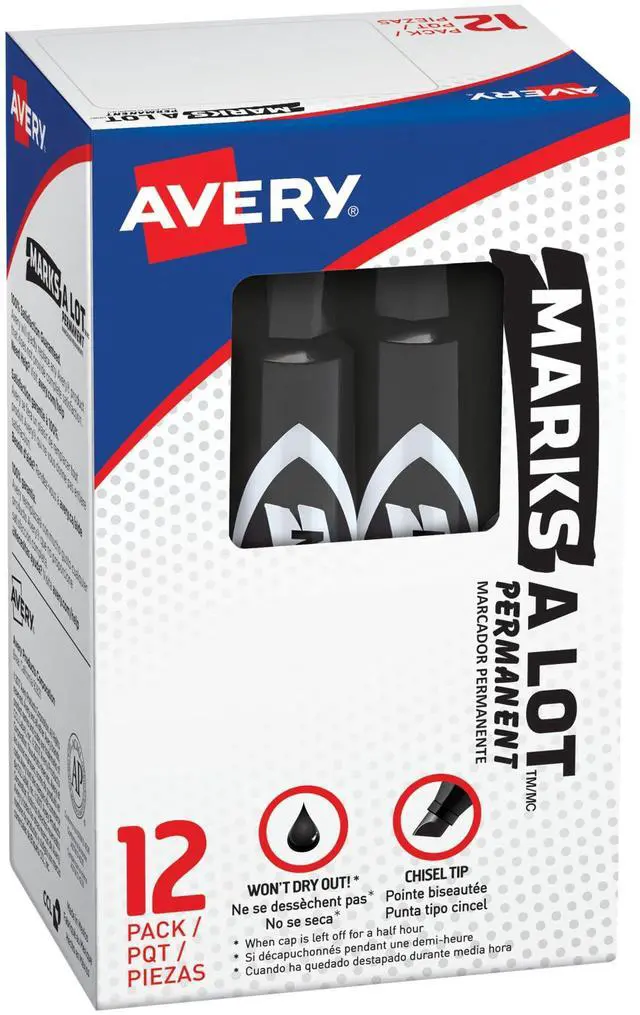 Main image of Marks-A-Lot Regular Desk-Style Size Chisel Tip, 12 Black Permanent Markers are perfect for signs and posters (07888)