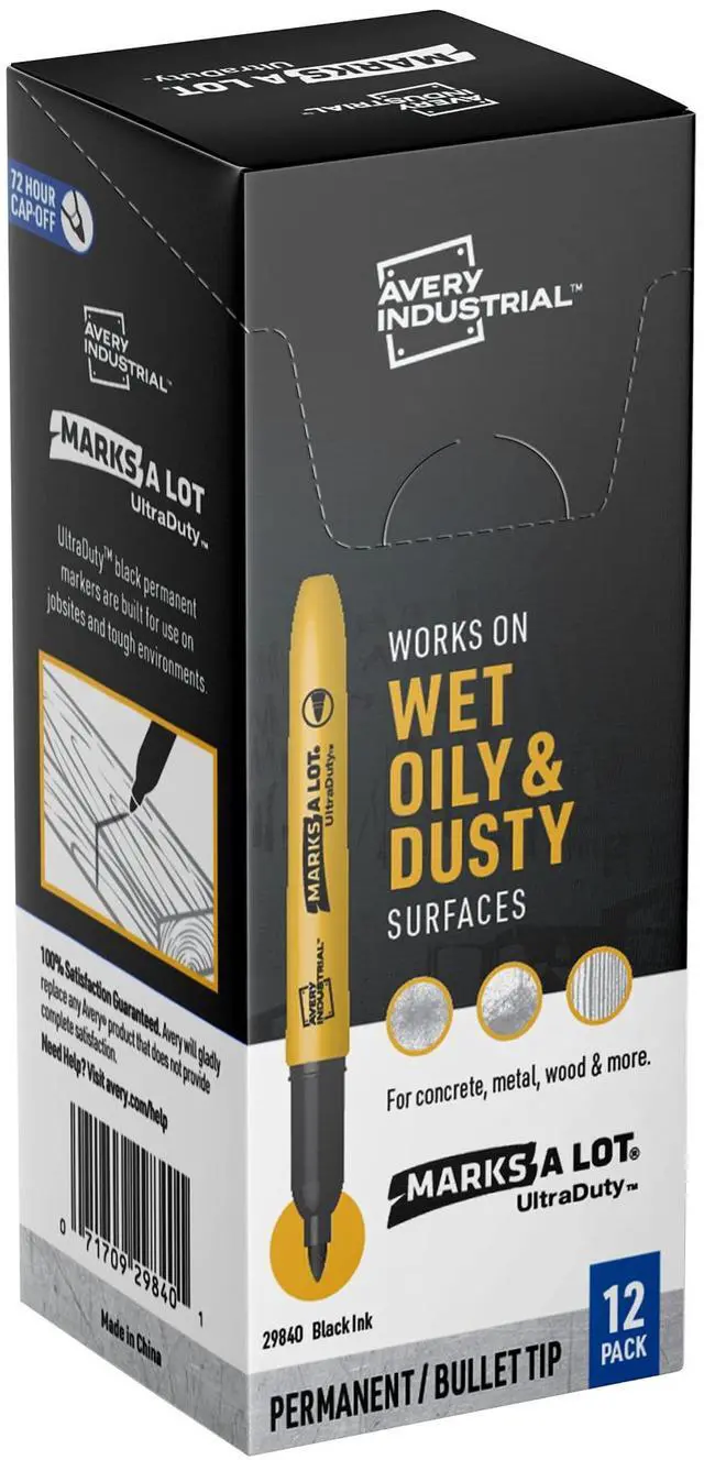 Main image of Marks A Lot UltraDuty Bullet Tip Permanent Markers, Water Resistant Ink, For Jobsites and Tough Environments, 12 Black Markers (29840)
