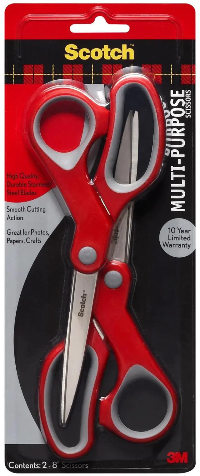 Main image of Multi-Purpose Stainless Steel All-Purpose 2 Pairs of Scissors, 8" | Red & Gray, Stainless Steel Scissors for Paper, Light Cardboard, Fabric and Crafts, Soft Comfort Grip for Everyday Cutting