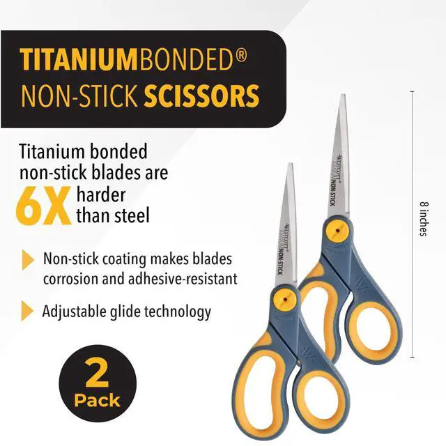 Alt view image 2 of 6 - 8-Inch Non-Stick Titanium Scissors For Office and Home - Glide Adjust Technology - Grey/Yellow Craft, Fabric Scissors - 2 Pack