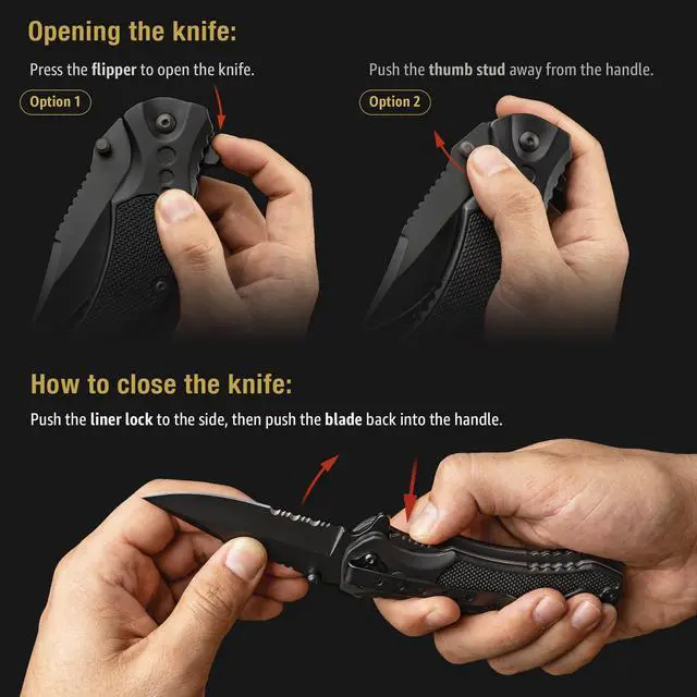 Alt view image 7 of 7 - Legal Pocket Knife with 2.95 Serrated Blade, Glass Breaker, Seat Belt Cutter - EDC Sharp Folding Knives with Portable Clip - Small Tool for Tactical Camping Survival Hiking - Gifts for Men 6680