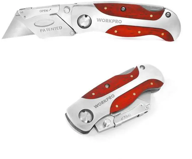 Main image of Quick-Change Utility Knife, Classical Retro Style Wood Grain Handle | Folding Box Cutter with Clip, Back Lock Design, Compact Carry