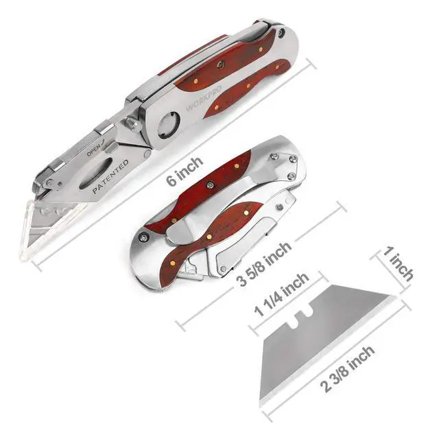 Alt view image 2 of 7 - Quick-Change Utility Knife, Classical Retro Style Wood Grain Handle | Folding Box Cutter with Clip, Back Lock Design, Compact Carry