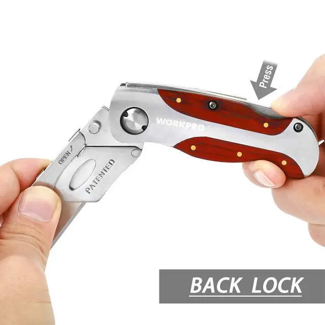 Alt view image 4 of 7 - Quick-Change Utility Knife, Classical Retro Style Wood Grain Handle | Folding Box Cutter with Clip, Back Lock Design, Compact Carry