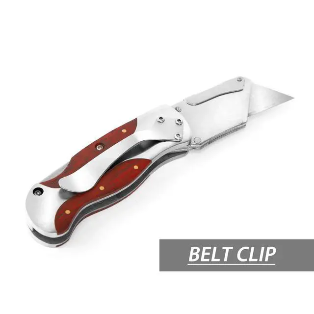 Alt view image 5 of 7 - Quick-Change Utility Knife, Classical Retro Style Wood Grain Handle | Folding Box Cutter with Clip, Back Lock Design, Compact Carry