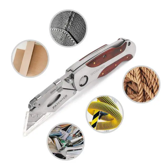 Alt view image 6 of 7 - Quick-Change Utility Knife, Classical Retro Style Wood Grain Handle | Folding Box Cutter with Clip, Back Lock Design, Compact Carry