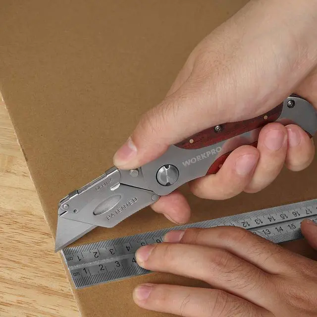 Alt view image 7 of 7 - Quick-Change Utility Knife, Classical Retro Style Wood Grain Handle | Folding Box Cutter with Clip, Back Lock Design, Compact Carry