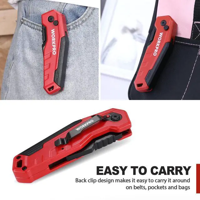Alt view image 6 of 7 - Folding Utility Knife, Quick Change Box Cutter, Red | Razor Knife with 13 Extra Blades Included, Blade Storage in Aluminum Handle, For Cartons, Cardboard, Boxes