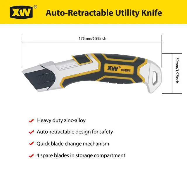 Alt view image 5 of 7 - Auto-Retractable Safety Utility Knife, Box Cutter of Quick Blade Change, 4 Spare Blades Storage in Handle