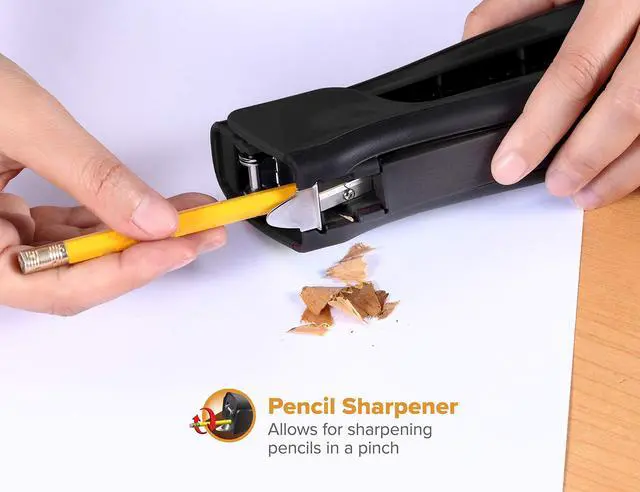Alt view image 2 of 6 - Office Eco-Friendly Dynamo 4 in 1 Standup Stapler, Includes 420 Staples, 20 Sheet Capacity, Integrated Pencil Sharpener, Staple Remover & Staple Storage, Black