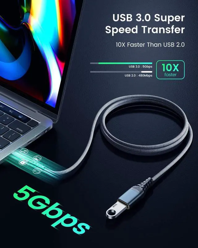 Alt view image 2 of 7 - 6.6FT USB Extension Cable, USB 3.0 Type A Male to Female Extender Cables High-Speed Data Transfer 5Gbps Compatible with Gamepad, Printer, Webcam, USB Keyboard, Flash Drive, Hard Drive