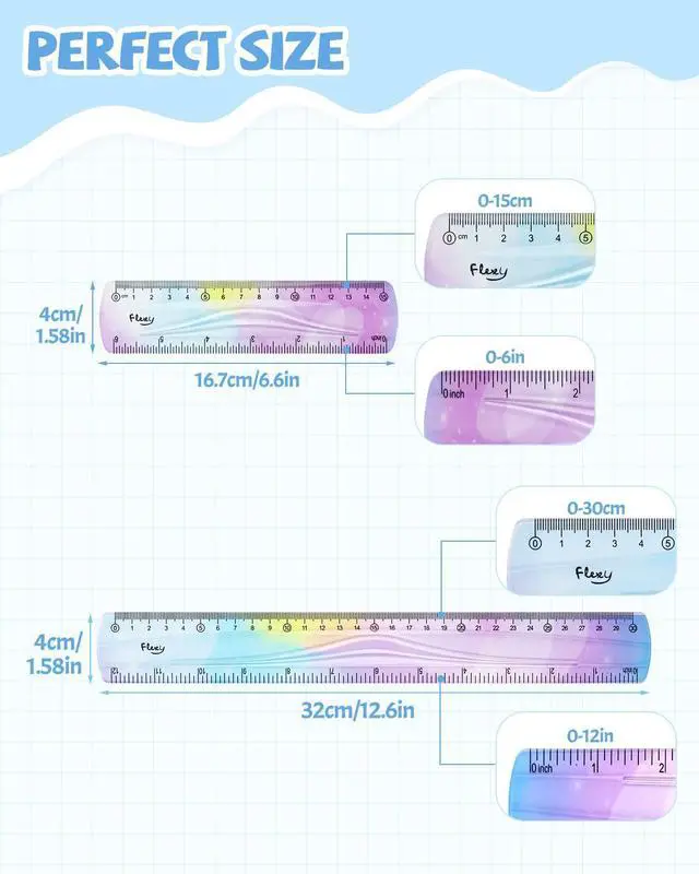 Alt view image 2 of 7 - 12 Inch & 6 Inch Flexible Ruler, Bendable Plastic Ruler, Soft Bendable Gradient Color Rulers with Centimeters and Inches for Student School Classroom Office Supplies