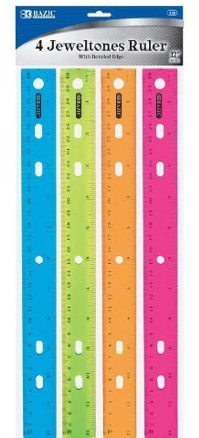 Main image of 12 in Jeweltones Color Ruler, Inch & Metric, 4 Pack | Four Jeweltones color plastic ruler, 12 in (30 cm), clear inch and centimeter marks for measuring and drawing straight