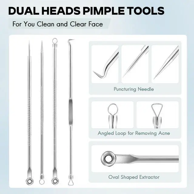Alt view image 2 of 7 - Blackhead Remover Pimple Popper Tool Kit, Comedone Pimple Extractor Acne Tools for Face Nose, Stainless Acne Needle Zit Popping Removal Facials Tool, Silver 4Pcs