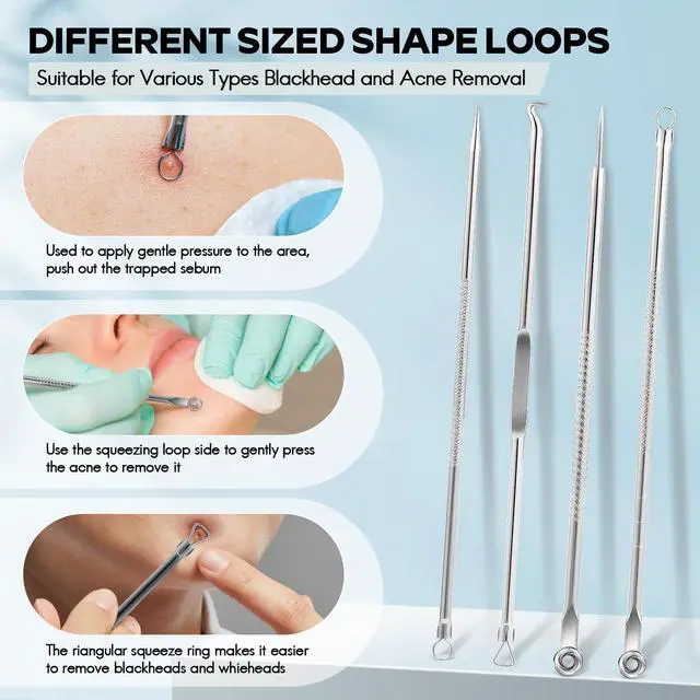 Alt view image 3 of 7 - Blackhead Remover Pimple Popper Tool Kit, Comedone Pimple Extractor Acne Tools for Face Nose, Stainless Acne Needle Zit Popping Removal Facials Tool, Silver 4Pcs