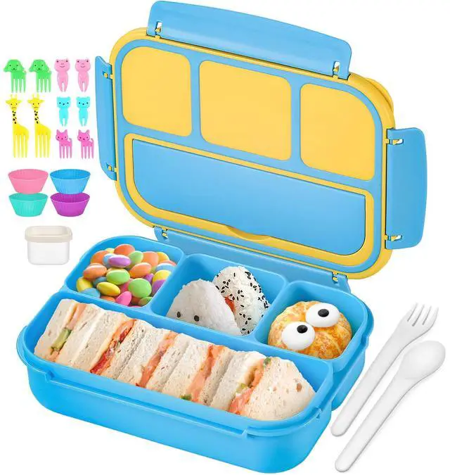 Main image of Bento Lunch Box for Kids Girls Boys, Toddler Kids Lunch Boxes for School, Lunch Containers for Adults with 4 Compartments, Sauce Container, Utensils, Food Picks and Muffin Cups, Blue
