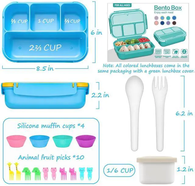 Alt view image 2 of 7 - Bento Lunch Box for Kids Girls Boys, Toddler Kids Lunch Boxes for School, Lunch Containers for Adults with 4 Compartments, Sauce Container, Utensils, Food Picks and Muffin Cups, Blue
