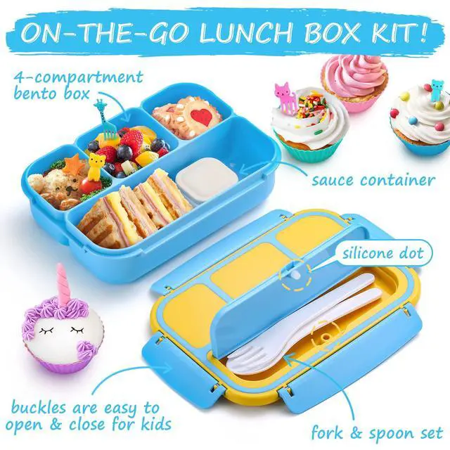 Alt view image 3 of 7 - Bento Lunch Box for Kids Girls Boys, Toddler Kids Lunch Boxes for School, Lunch Containers for Adults with 4 Compartments, Sauce Container, Utensils, Food Picks and Muffin Cups, Blue