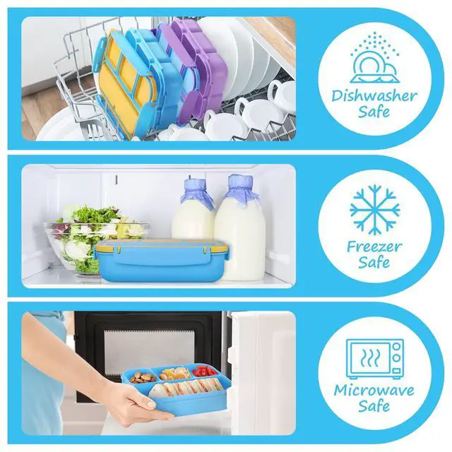 Alt view image 6 of 7 - Bento Lunch Box for Kids Girls Boys, Toddler Kids Lunch Boxes for School, Lunch Containers for Adults with 4 Compartments, Sauce Container, Utensils, Food Picks and Muffin Cups, Blue