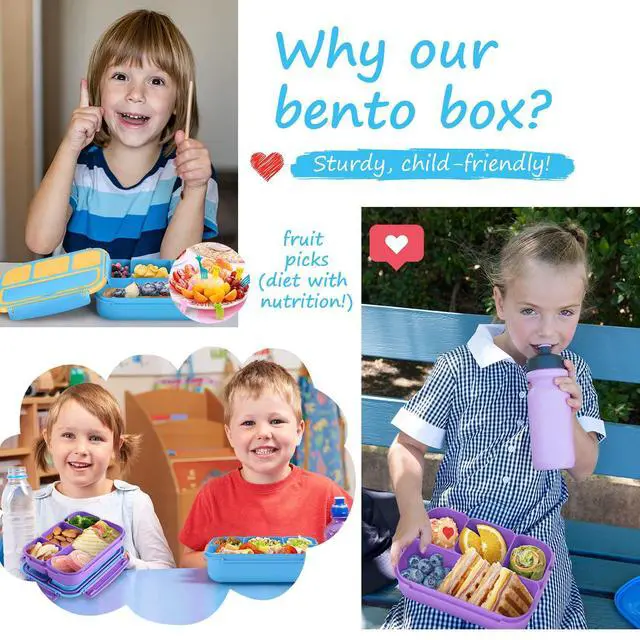Alt view image 7 of 7 - Bento Lunch Box for Kids Girls Boys, Toddler Kids Lunch Boxes for School, Lunch Containers for Adults with 4 Compartments, Sauce Container, Utensils, Food Picks and Muffin Cups, Blue
