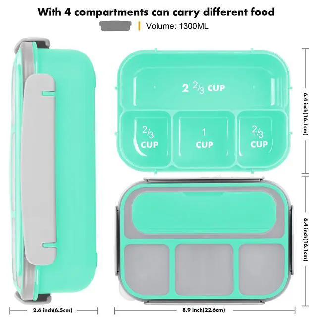 Alt view image 2 of 7 - Bento Box for Kids 1300ML with 4 Compartment & Food Picks Cake Cups, Green | Lunch Box Containers for Adults/Kids/Toddler, Leak-Proof, Microwave/Dishwasher/Refrigerator Safe, BPA Free