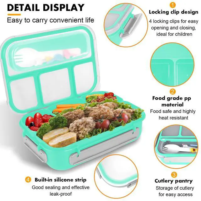 Alt view image 3 of 7 - Bento Box for Kids 1300ML with 4 Compartment & Food Picks Cake Cups, Green | Lunch Box Containers for Adults/Kids/Toddler, Leak-Proof, Microwave/Dishwasher/Refrigerator Safe, BPA Free