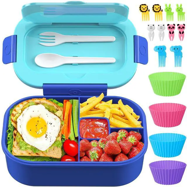 Main image of Kids Bento Lunch Box Leakproof Lunch Box with 4 Compartments Lunch Containers with Tableware Kids Bento School Lunch Boxes with Container 44oz, Microwave Dishwasher Freezer Safe (Blue)