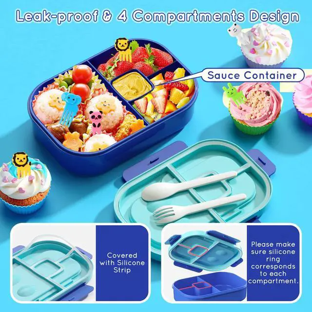 Alt view image 2 of 7 - Kids Bento Lunch Box Leakproof Lunch Box with 4 Compartments Lunch Containers with Tableware Kids Bento School Lunch Boxes with Container 44oz, Microwave Dishwasher Freezer Safe (Blue)