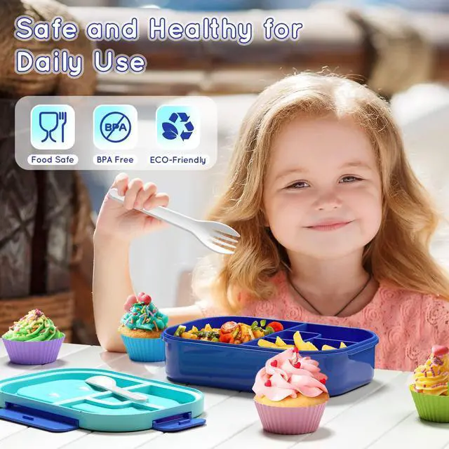 Alt view image 3 of 7 - Kids Bento Lunch Box Leakproof Lunch Box with 4 Compartments Lunch Containers with Tableware Kids Bento School Lunch Boxes with Container 44oz, Microwave Dishwasher Freezer Safe (Blue)