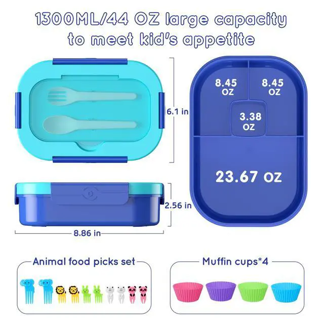 Alt view image 5 of 7 - Kids Bento Lunch Box Leakproof Lunch Box with 4 Compartments Lunch Containers with Tableware Kids Bento School Lunch Boxes with Container 44oz, Microwave Dishwasher Freezer Safe (Blue)