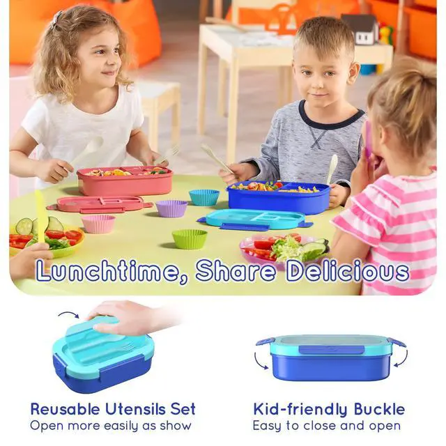 Alt view image 4 of 7 - Kids Bento Lunch Box Leakproof Lunch Box with 4 Compartments Lunch Containers with Tableware Kids Bento School Lunch Boxes with Container 44oz, Microwave Dishwasher Freezer Safe (Blue)