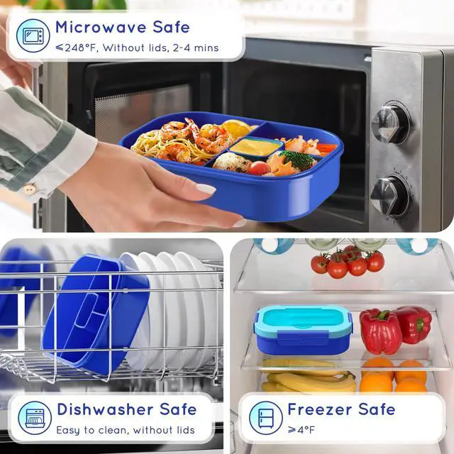 Alt view image 6 of 7 - Kids Bento Lunch Box Leakproof Lunch Box with 4 Compartments Lunch Containers with Tableware Kids Bento School Lunch Boxes with Container 44oz, Microwave Dishwasher Freezer Safe (Blue)