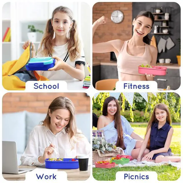 Alt view image 7 of 7 - Kids Bento Lunch Box Leakproof Lunch Box with 4 Compartments Lunch Containers with Tableware Kids Bento School Lunch Boxes with Container 44oz, Microwave Dishwasher Freezer Safe (Blue)