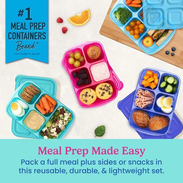 Alt view image 2 of 7 - Easyboxes Stackable 5-Compartment Lunch Boxes, 8-Piece Set | Reusable, BPA-Free, Meal Prep, Patented Design, Microwave, Dishwasher & Freezer-Safe (Jewel Brights)