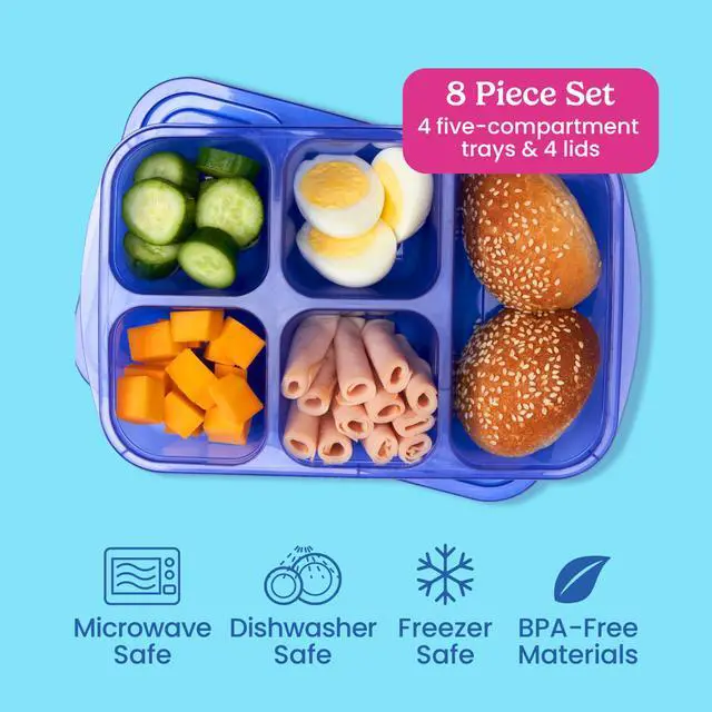 Alt view image 3 of 7 - Easyboxes Stackable 5-Compartment Lunch Boxes, 8-Piece Set | Reusable, BPA-Free, Meal Prep, Patented Design, Microwave, Dishwasher & Freezer-Safe (Jewel Brights)