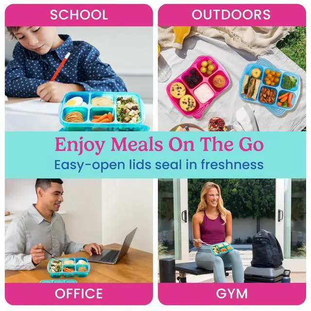 Alt view image 6 of 7 - Easyboxes Stackable 5-Compartment Lunch Boxes, 8-Piece Set | Reusable, BPA-Free, Meal Prep, Patented Design, Microwave, Dishwasher & Freezer-Safe (Jewel Brights)