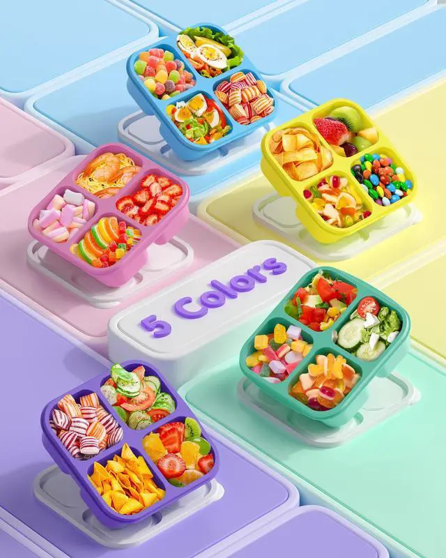 Alt view image 7 of 7 - 5 Pack Bento Snack Containers, 4 Compartment BPA-free Plastic Food Storage Containers, Divided Lunchable Container, Bento Lunch Box for Work and Travel