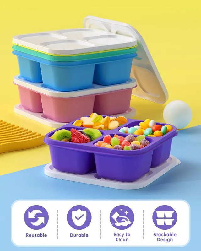 Alt view image 6 of 7 - 5 Pack Bento Snack Containers, 4 Compartment BPA-free Plastic Food Storage Containers, Divided Lunchable Container, Bento Lunch Box for Work and Travel