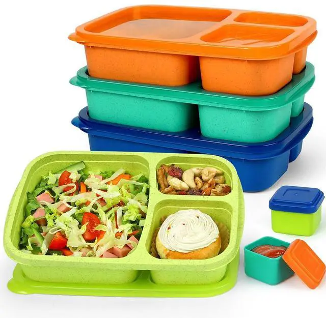 Main image of Bento Lunch Box Containers for Adults & Kids - 3-Compartment Reusable Meal Prep Containers with 2Pc Sauce Containers for School, Work, Travel, Wheat Straw, Set of 4 (Jewel Brights)