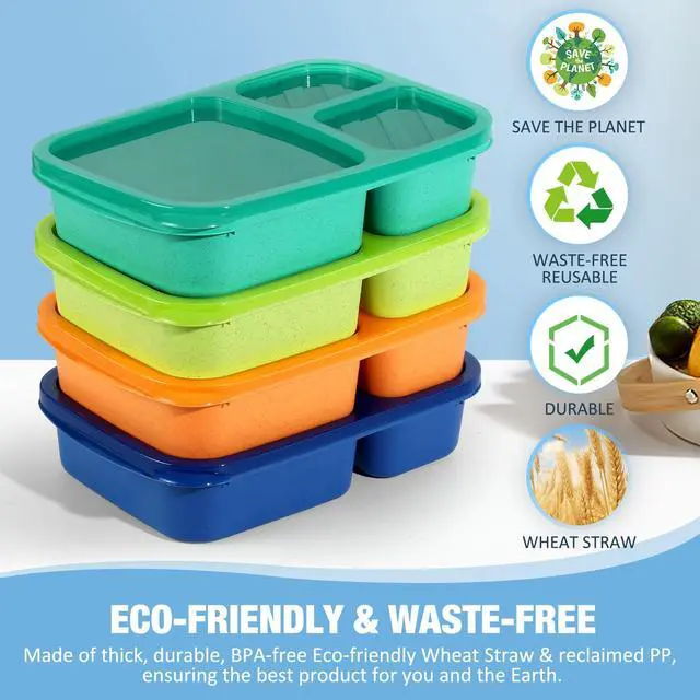 Alt view image 2 of 7 - Bento Lunch Box Containers for Adults & Kids - 3-Compartment Reusable Meal Prep Containers with 2Pc Sauce Containers for School, Work, Travel, Wheat Straw, Set of 4 (Jewel Brights)
