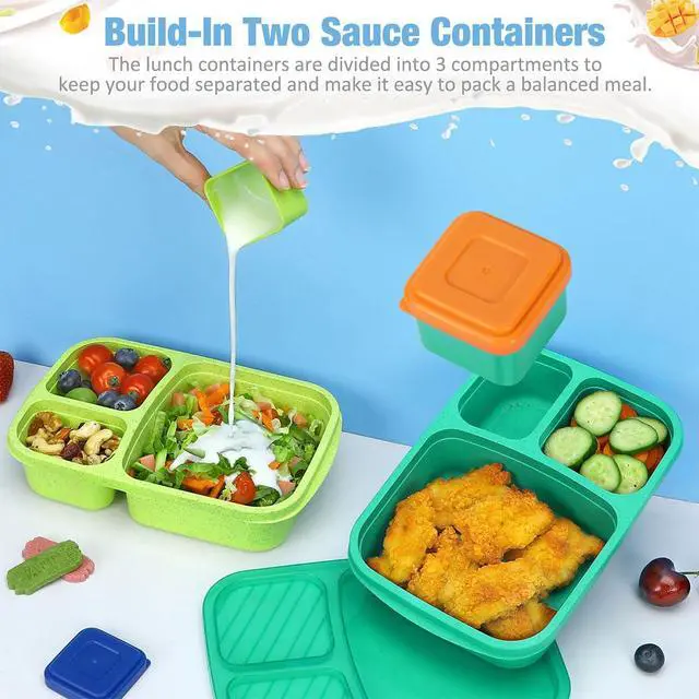 Alt view image 3 of 7 - Bento Lunch Box Containers for Adults & Kids - 3-Compartment Reusable Meal Prep Containers with 2Pc Sauce Containers for School, Work, Travel, Wheat Straw, Set of 4 (Jewel Brights)